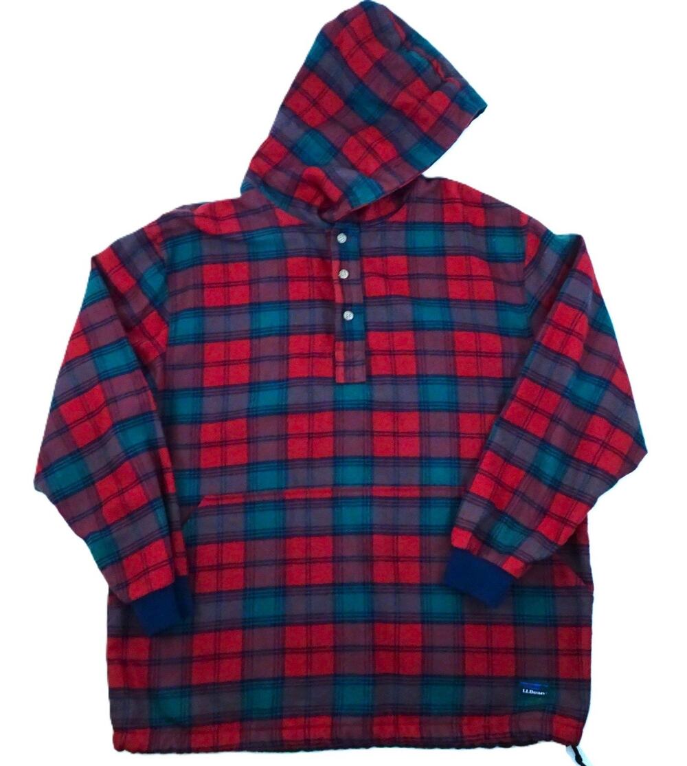 Vintage Kids LL Bean Flannel Hoodie XL Christmas Red Green Plaid Made USA Shirt